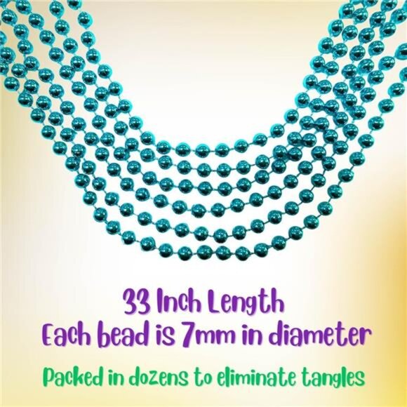 Turquoise Blue Mardi Gras Beads -33 inch,7mm,72 Necklaces,6 Dozen Party Supplies - Picture 2 of 8